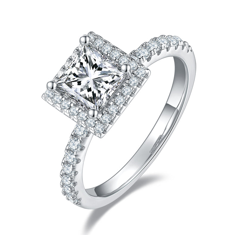 Princess-cut moissanite halo engagement ring in 18K white gold plating