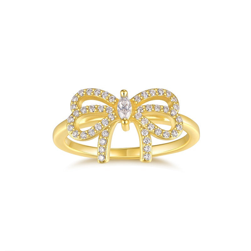 Marquise moissanite pavé bow ring in 18K yellow gold plating