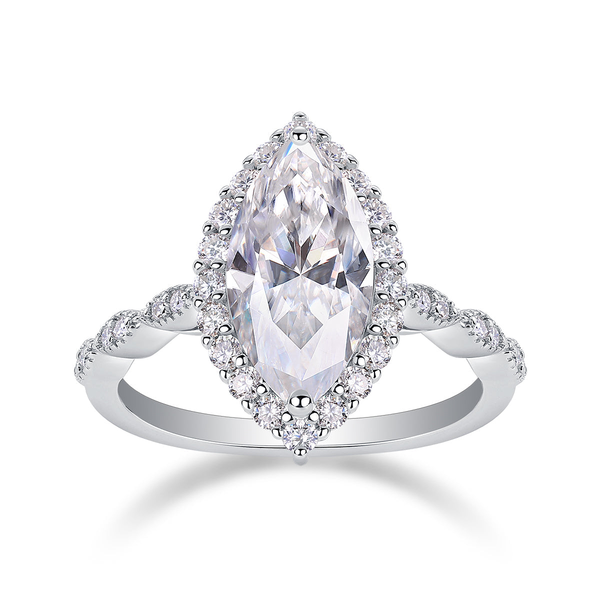 Marquise moissanite halo engagement ring in 18K white gold plating