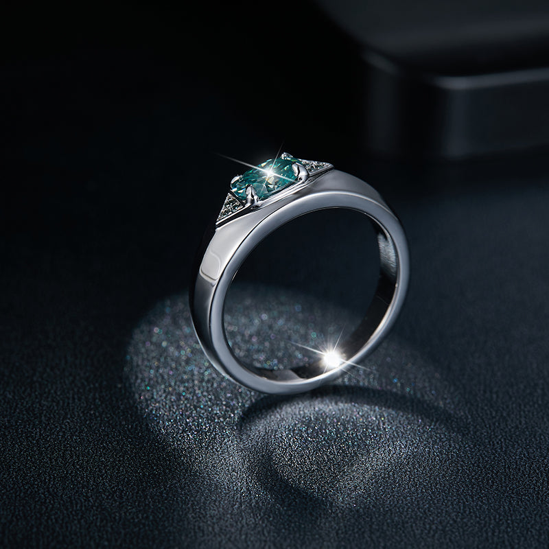 CARISSIE round moissanite solitaire ring, profile shot highlighting the smooth polished metal shank and the height of the geometric gemstone setting