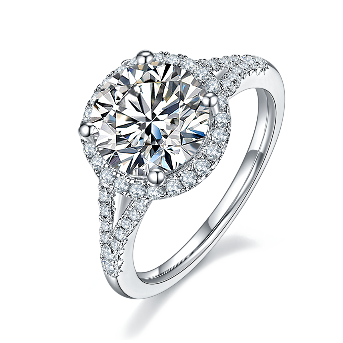 CARISSIE round moissanite halo engagement ring, angled view highlighting split shank shoulders and pavé accents