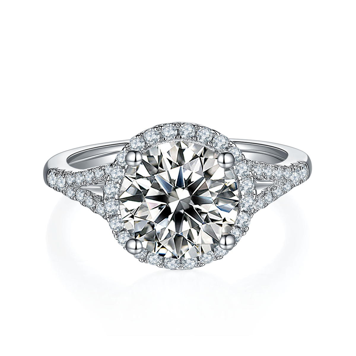 CARISSIE round moissanite halo engagement ring, top-down view showing the full halo circle and four-prong setting