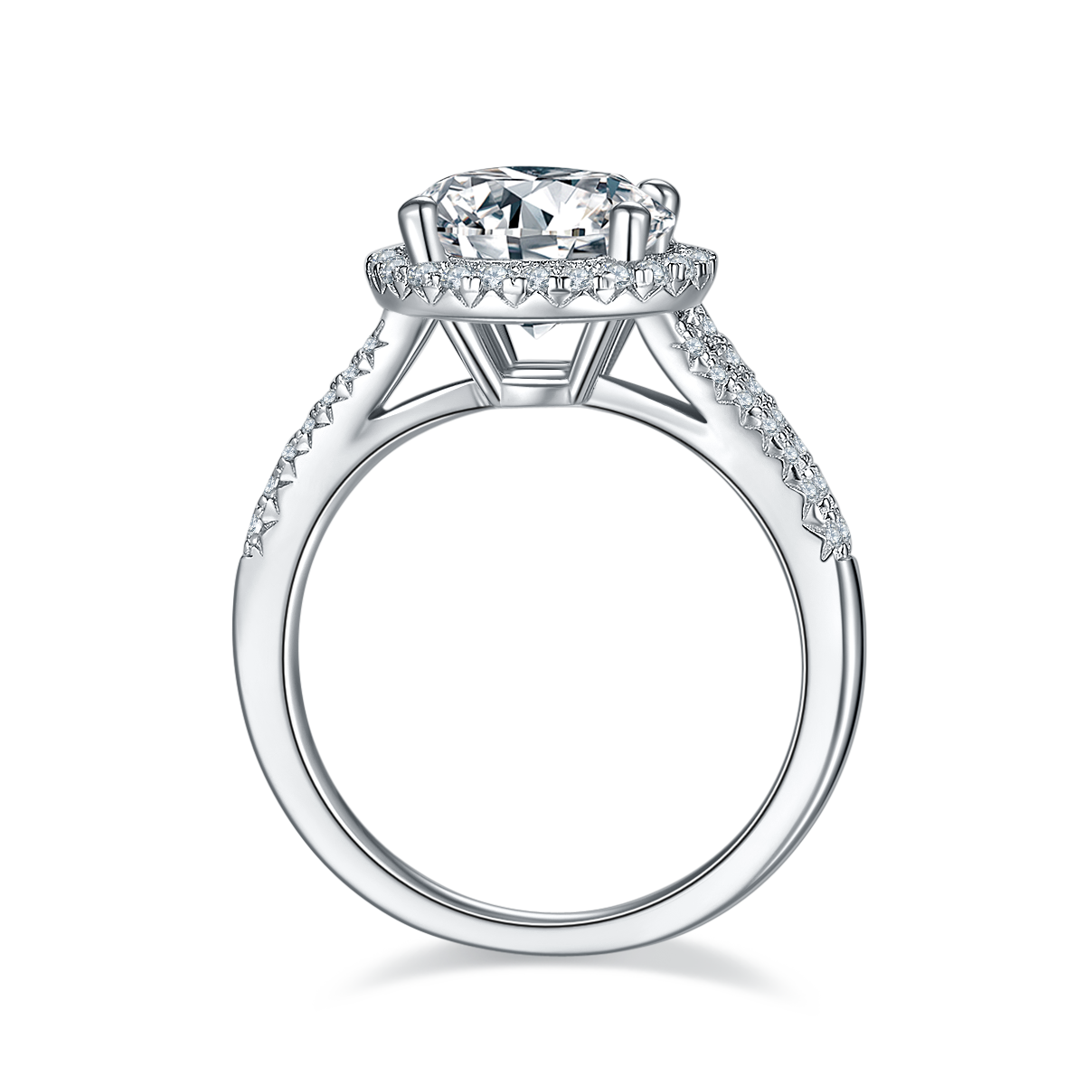 CARISSIE round moissanite halo engagement ring, side profile revealing the gallery rail and open bridge structure