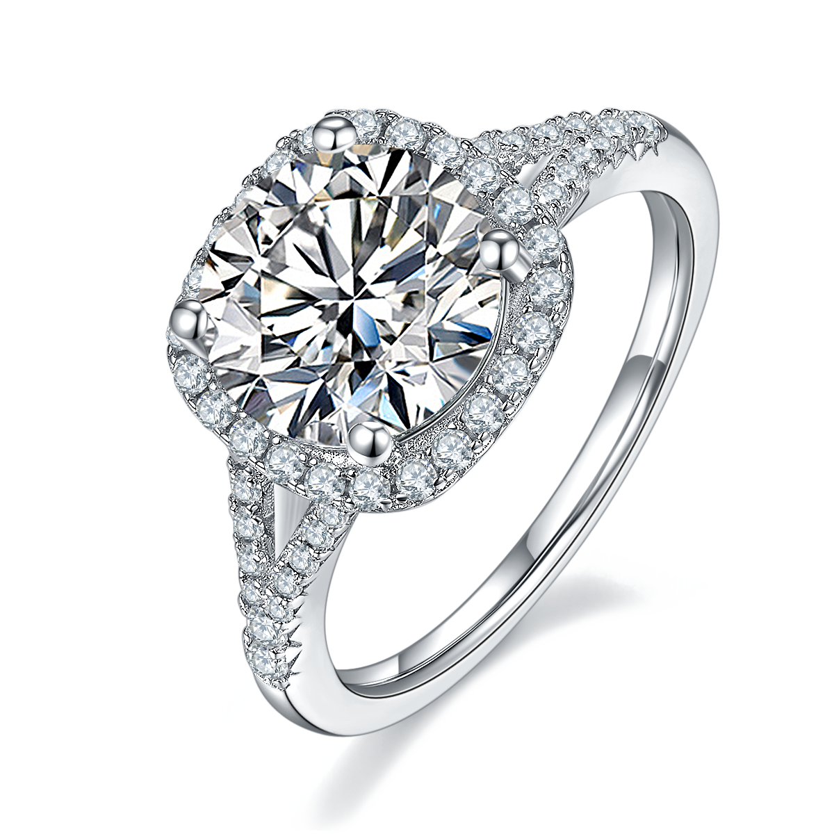 CARISSIE round moissanite halo engagement ring, angled view highlighting split-shank band with pavé stones and four-prong setting