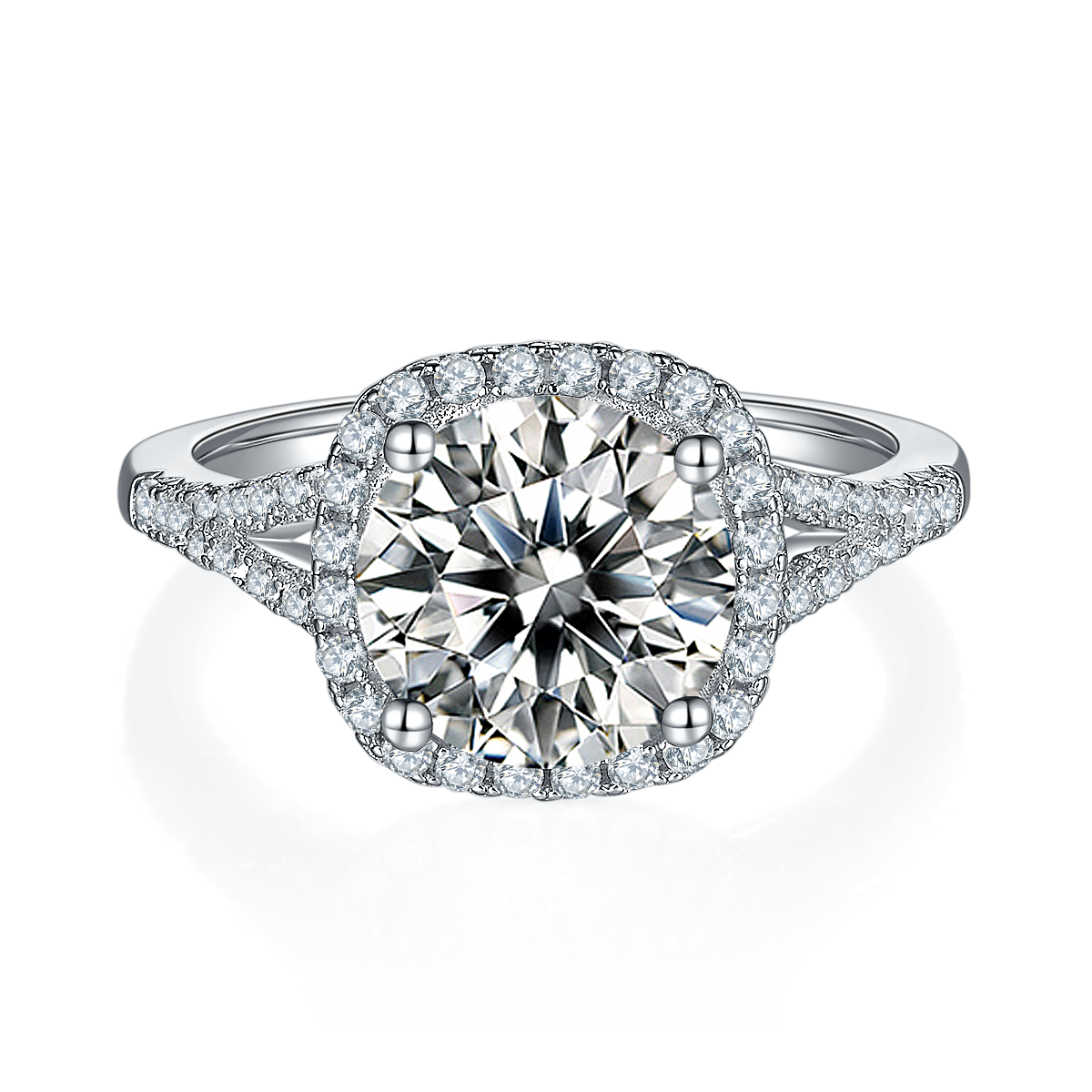 CARISSIE round moissanite halo engagement ring, top-down view showcasing brilliant center stone surrounded by diamond halo and prongs