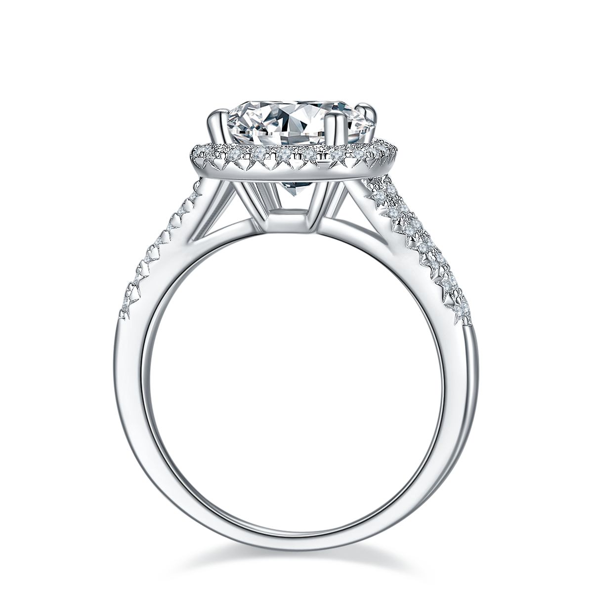 CARISSIE round moissanite halo engagement ring, side profile revealing open gallery structure and pavé detailing on the inner shank