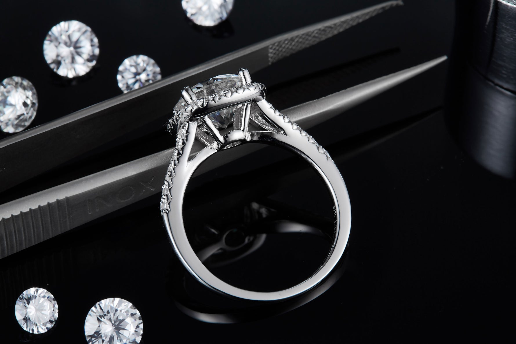 CARISSIE round moissanite halo engagement ring, rear view showing S925 hallmark stamp and smooth polished finish of the inner band