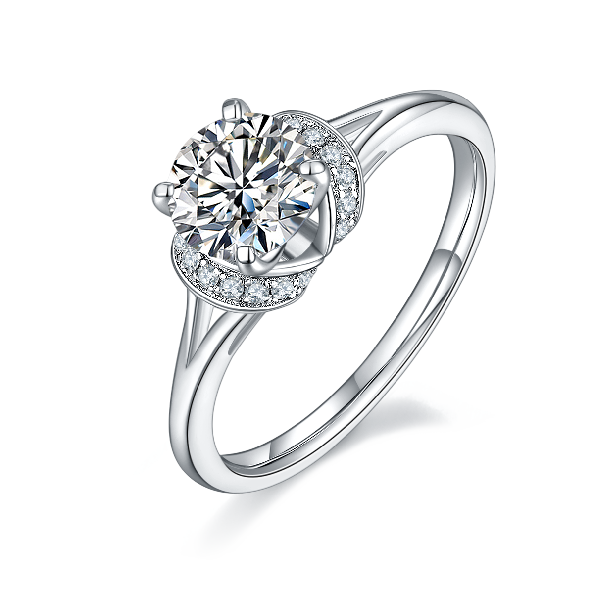 CARISSIE round moissanite solitaire ring, angled view highlighting crescent pavé gallery and polished silver-tone band