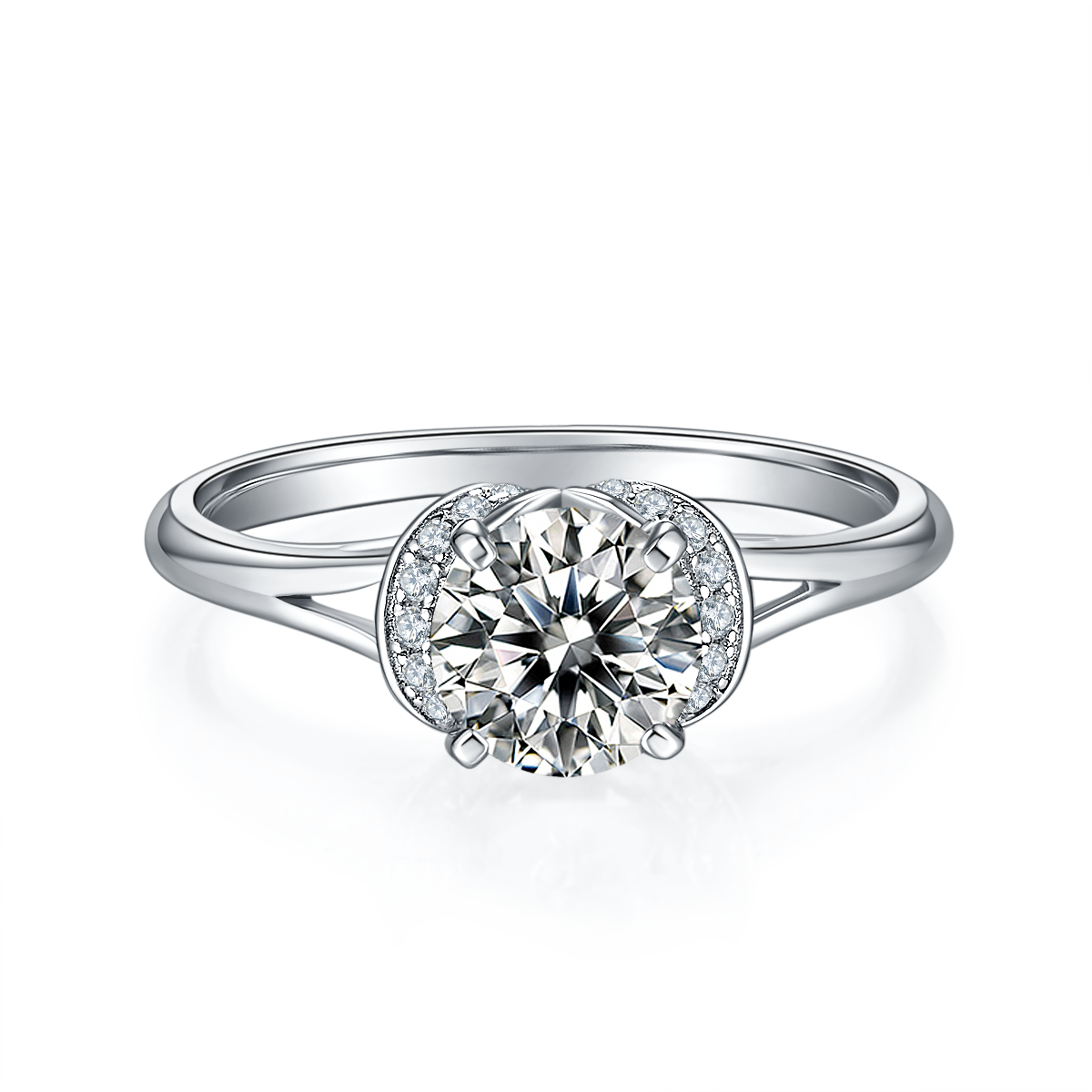 CARISSIE round moissanite solitaire ring, top-down view displaying brilliant cut center stone and split shank details