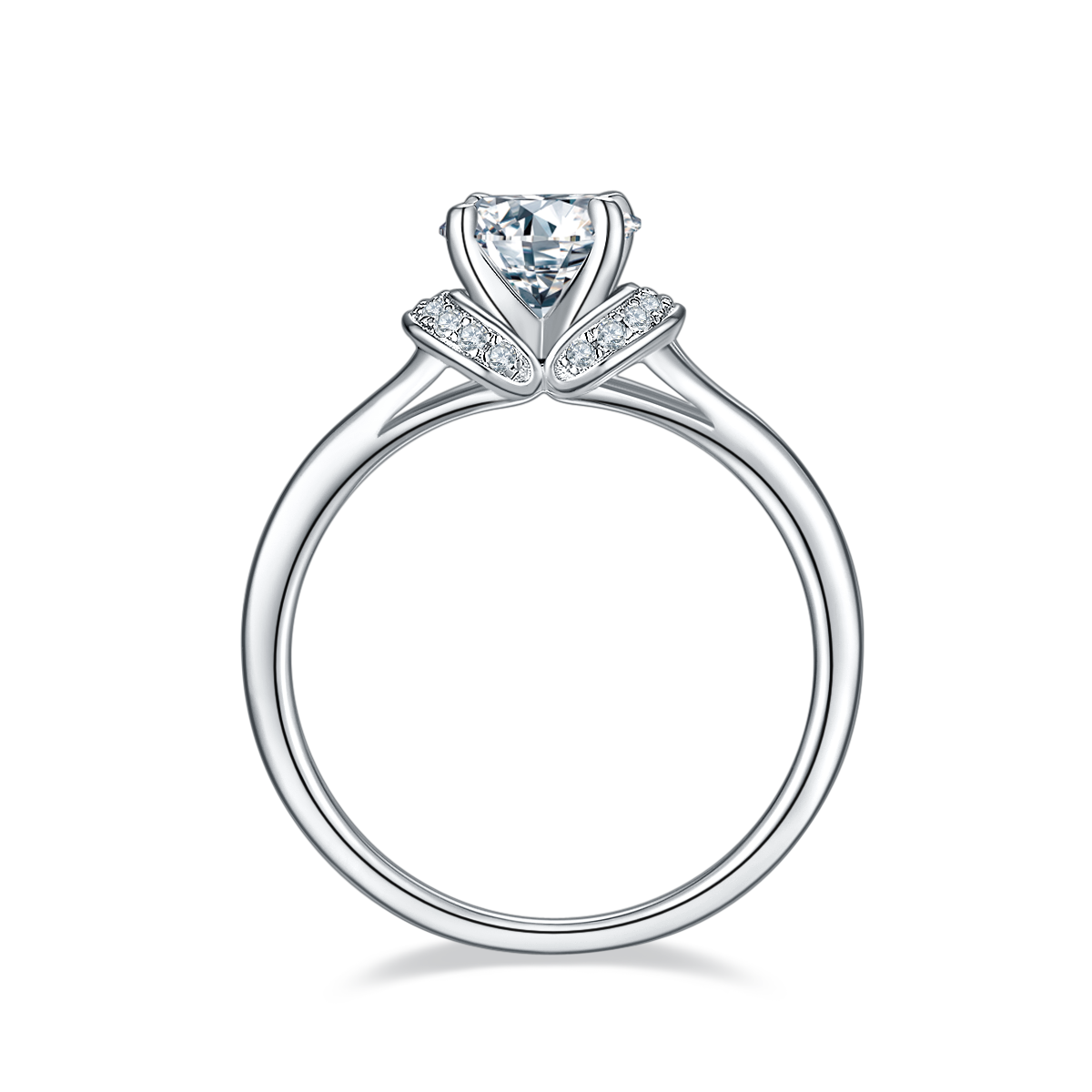 CARISSIE round moissanite solitaire ring, front profile showing tapered band and side accent stones under the head