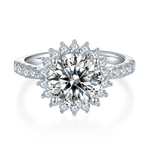 CARISSIE round moissanite halo engagement ring, top-down view showing full circular halo and prong setting arrangement