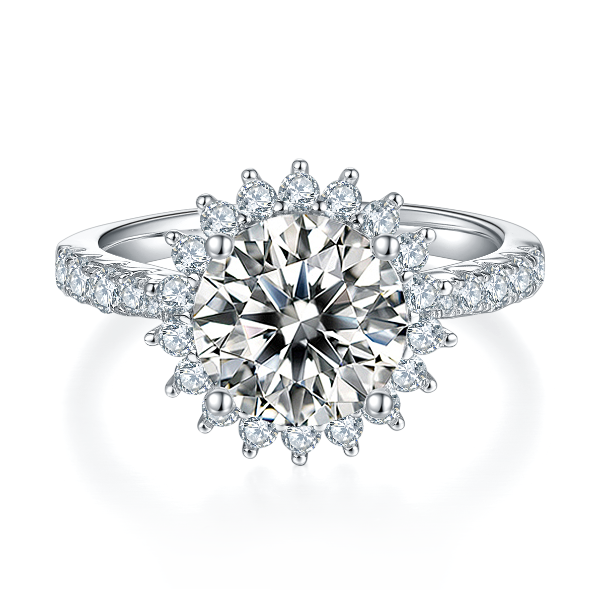CARISSIE round moissanite halo engagement ring, top-down view showing full circular halo and prong setting arrangement