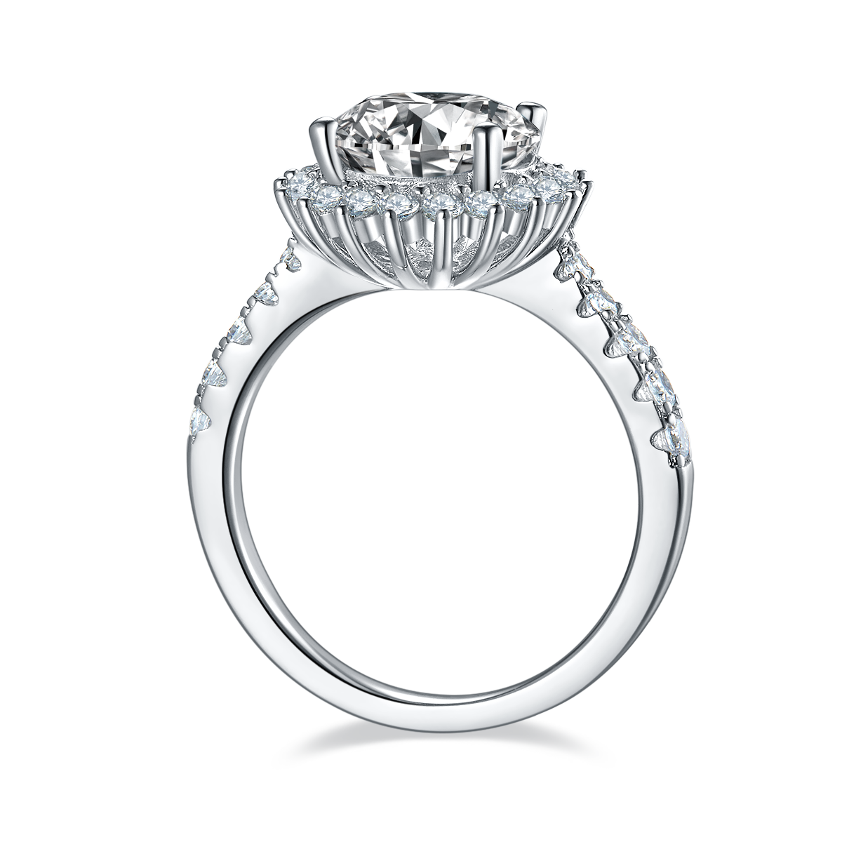 CARISSIE round moissanite halo engagement ring, side profile revealing gallery rail structure and under-gallery craftsmanship