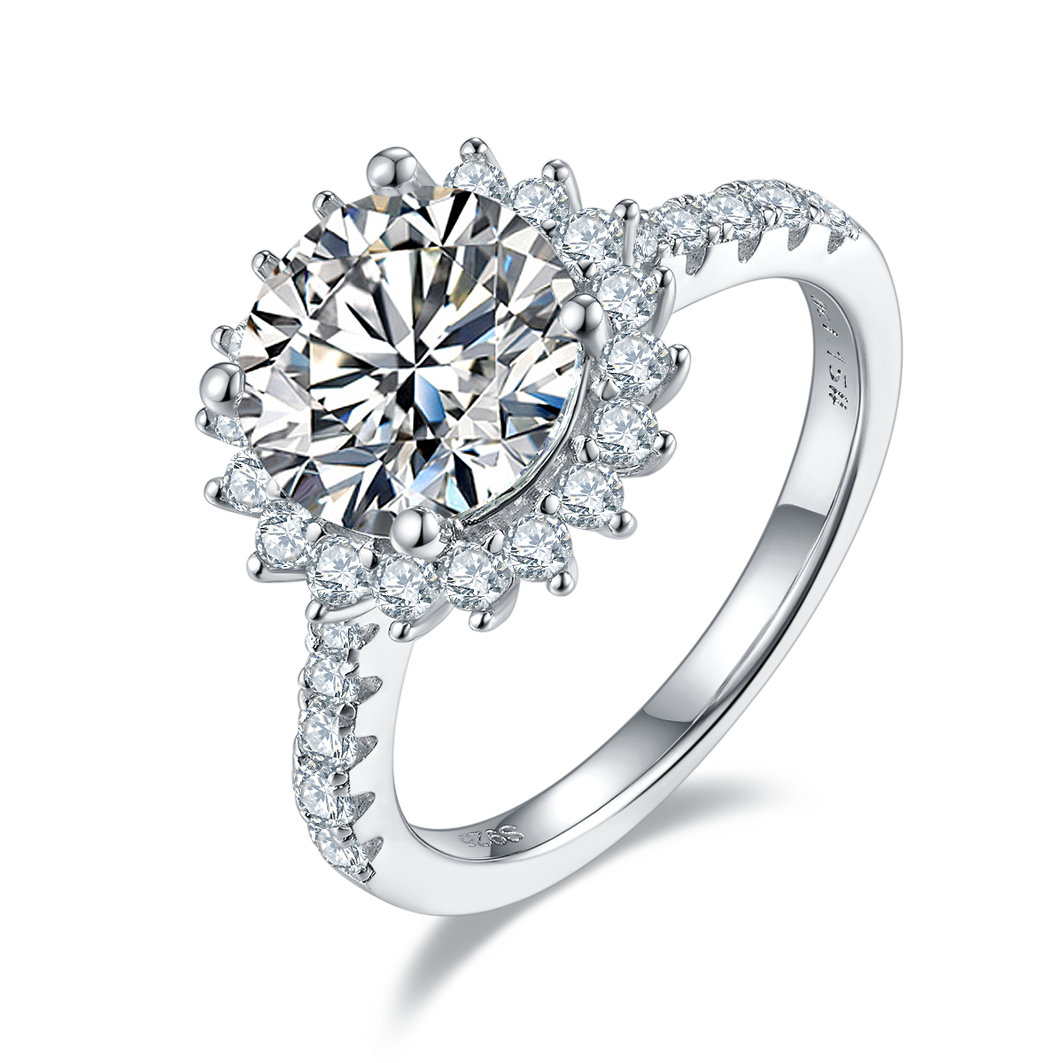 CARISSIE round moissanite halo engagement ring, angled view highlighting brilliant center stone and pavé band details