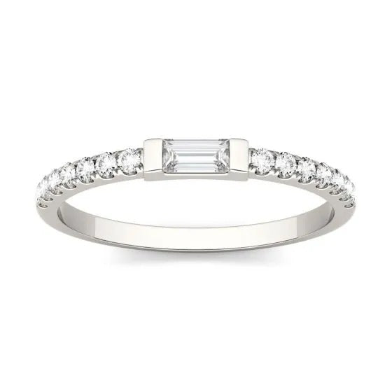 CARISSIE Baguette Moissanite Pavé Eternity Band, front view displaying the central baguette stone flanked by round pavé stones