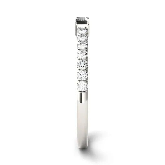 CARISSIE Baguette Moissanite Pavé Eternity Band, side profile revealing the height of the setting and smooth interior surface
