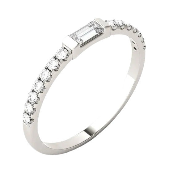 CARISSIE Baguette Moissanite Pavé Eternity Band, angled view highlighting the slender white gold band and linear stone arrangement