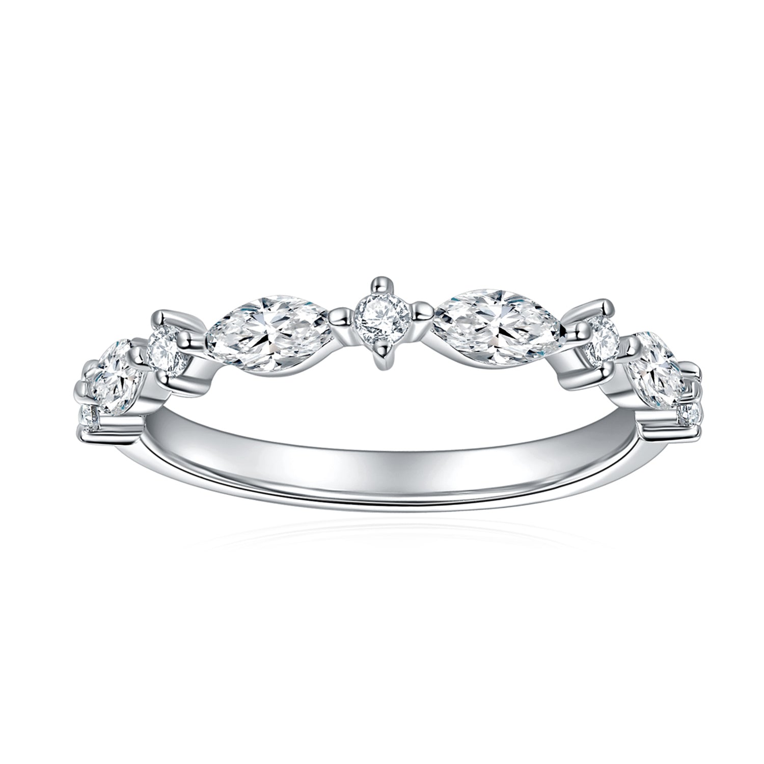 CARISSIE round moissanite prong wedding band, angled view showing alternating marquise and round stones in silver-tone setting