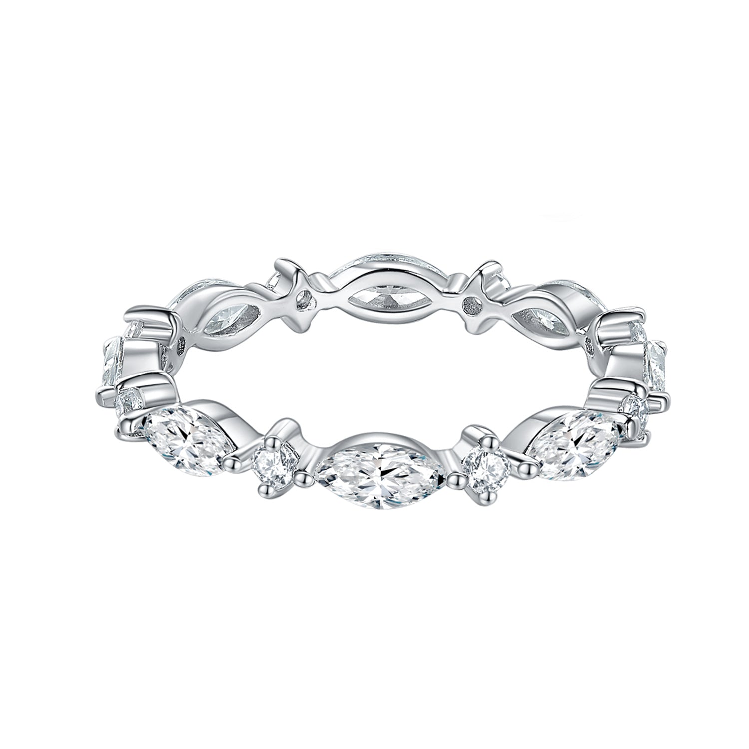 CARISSIE Round Moissanite Prong Eternity Band II, front view showing alternating marquise and round stones on a silver-tone vine shank