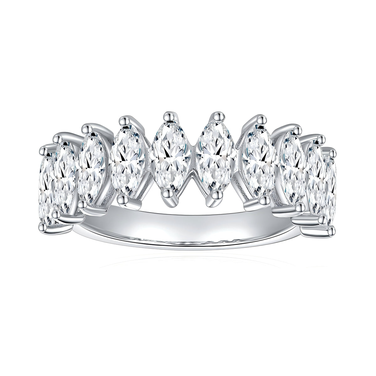 CARISSIE marquise moissanite eternity band, front view showing alternating stones in silver-tone prong setting