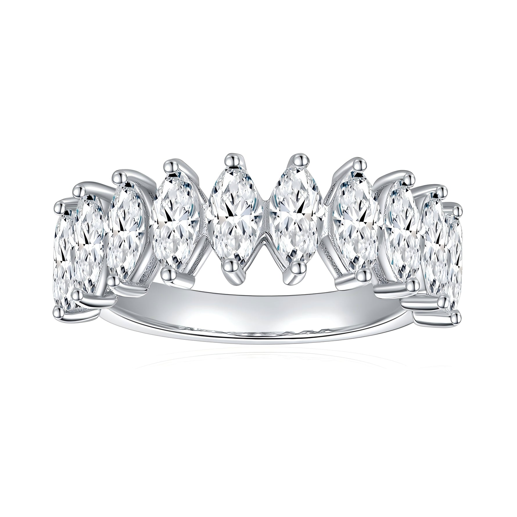 CARISSIE marquise moissanite eternity band, front view showing alternating stones in silver-tone prong setting