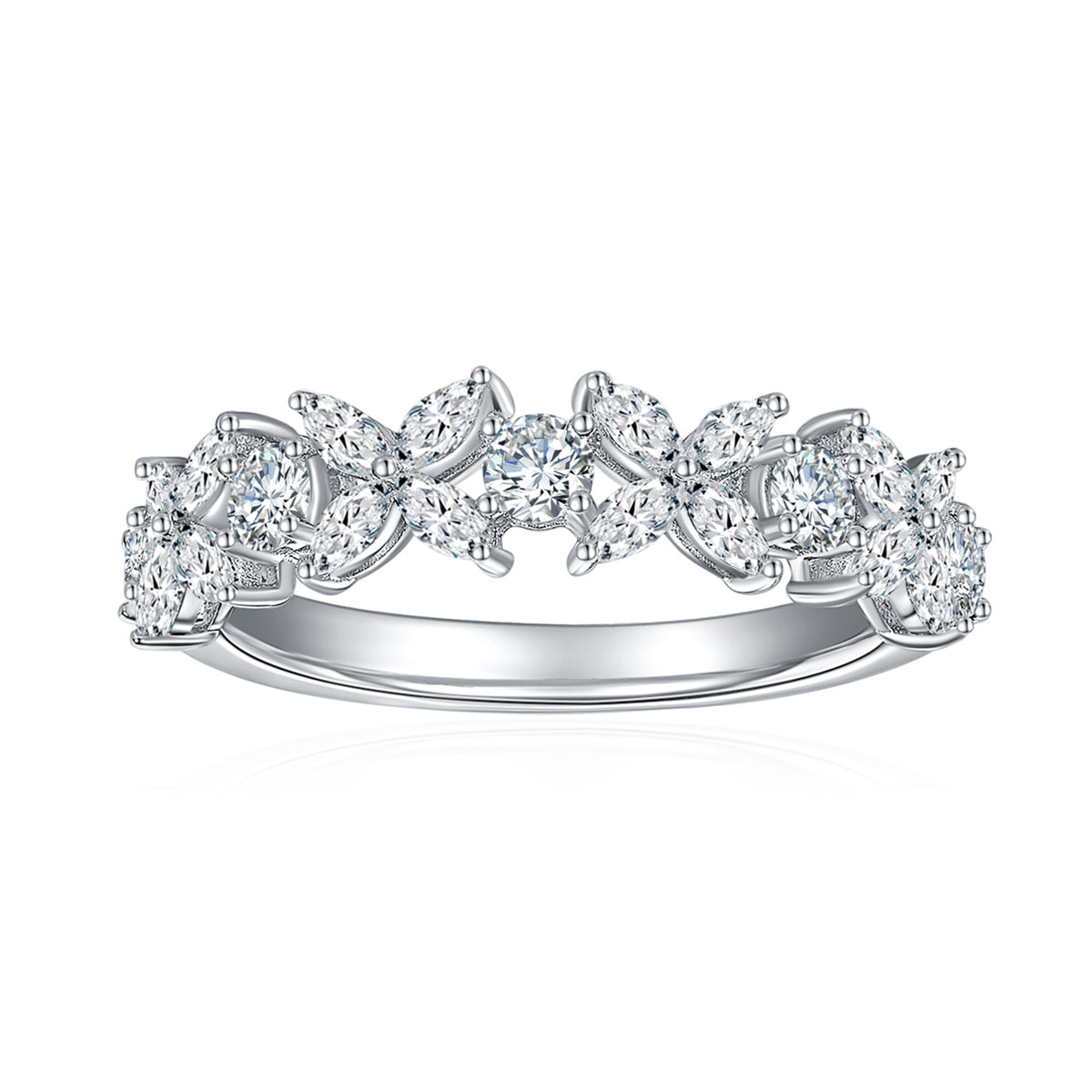 CARISSIE Round Moissanite Cluster Eternity Band, front view showing alternating floral clusters and round stones with milgrain detailing.