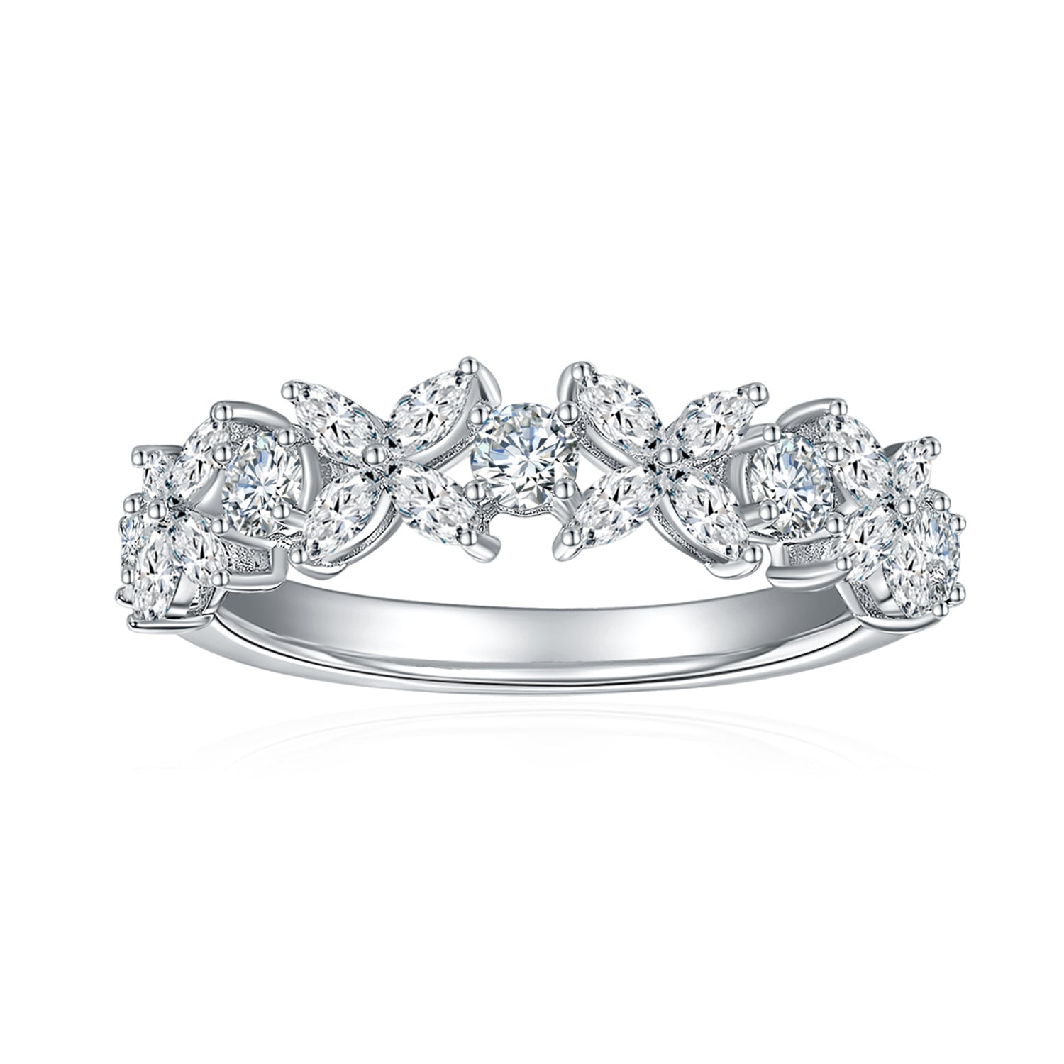 CARISSIE Round Moissanite Cluster Eternity Band, front view showing alternating floral clusters and round stones with milgrain detailing.