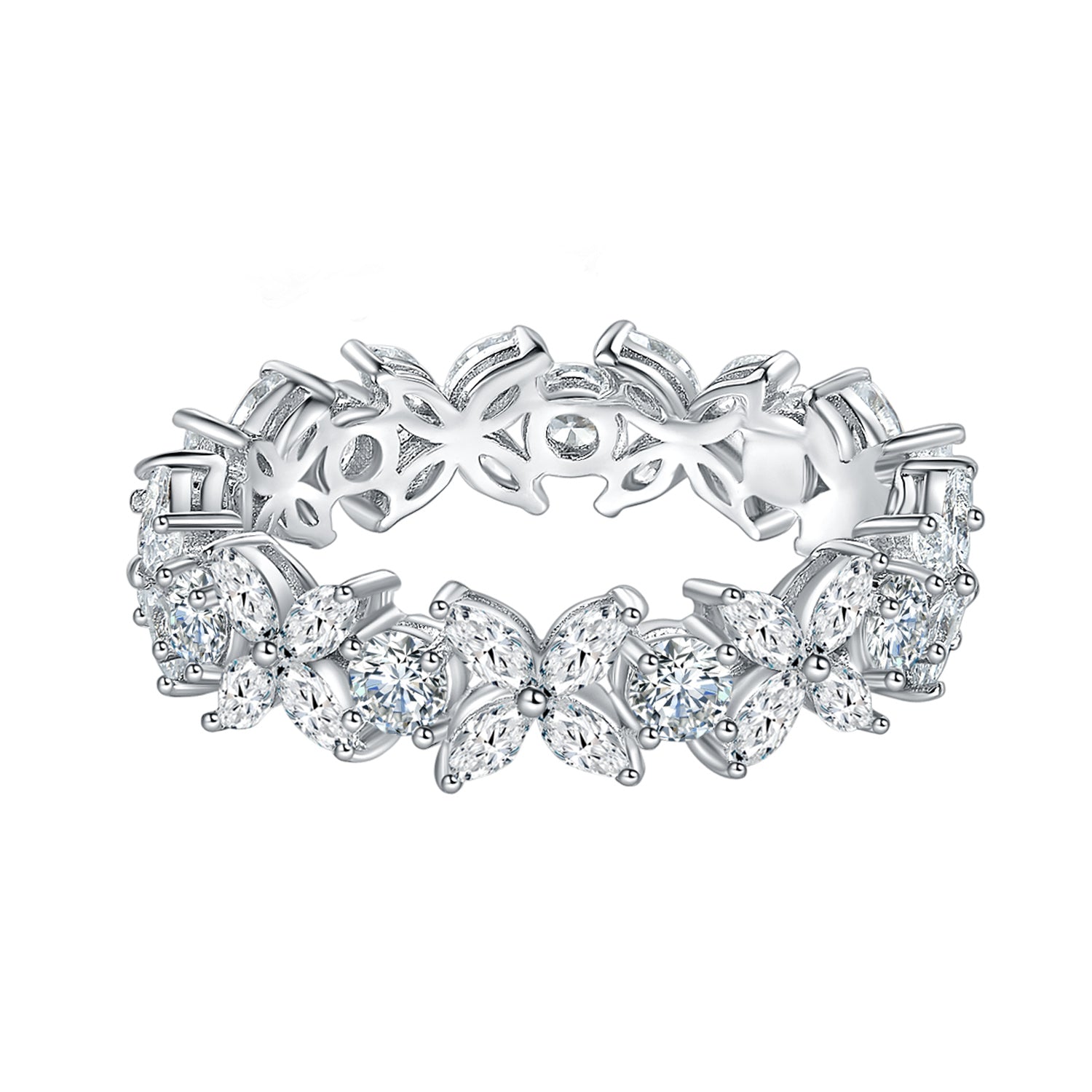 CARISSIE Round Moissanite Prong Eternity Band III, angled view showing floral motif with round and marquise stones plus openwork gallery