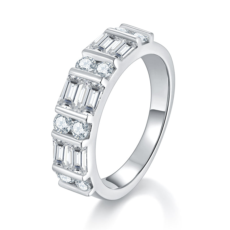 CARISSIE moissanite eternity band, angled view showing alternating baguette and round stones in a wide silver-tone channel setting