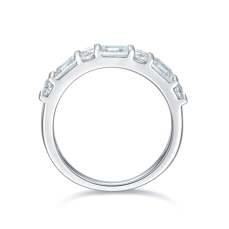 CARISSIE moissanite eternity band, front view displaying the symmetrical arrangement of rectangular and round cut stones across the top