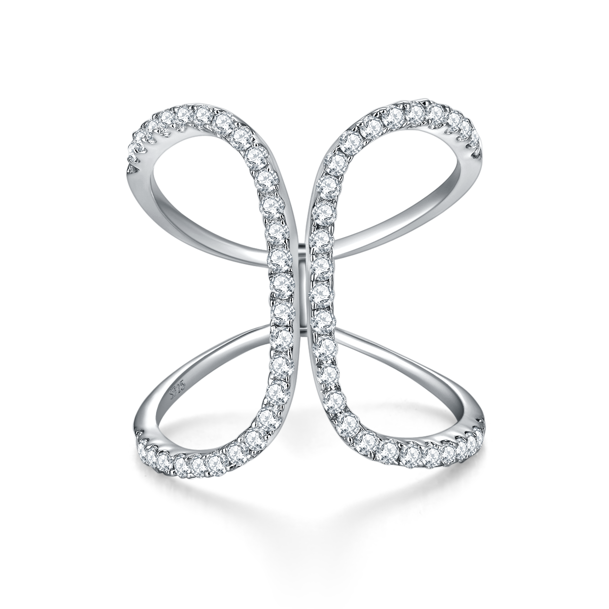 CARISSIE pavé statement ring, front studio shot of silver-tone design showing bright moissanite sparkle