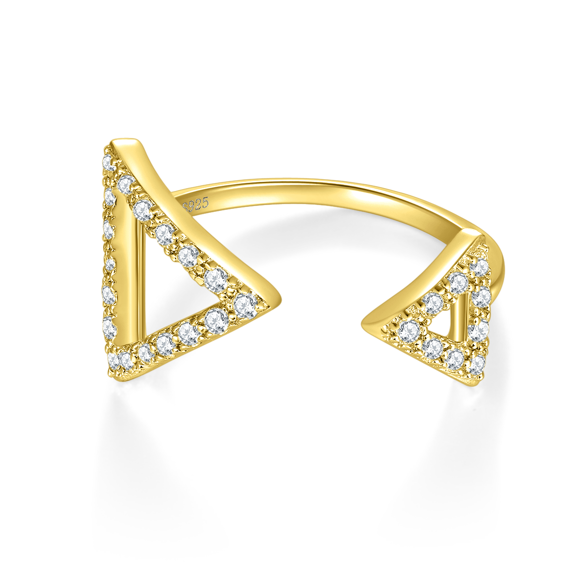 CARISSIE round moissanite pavé engagement ring, detailed studio shot of gold band revealing S925 stamp and pavé setting