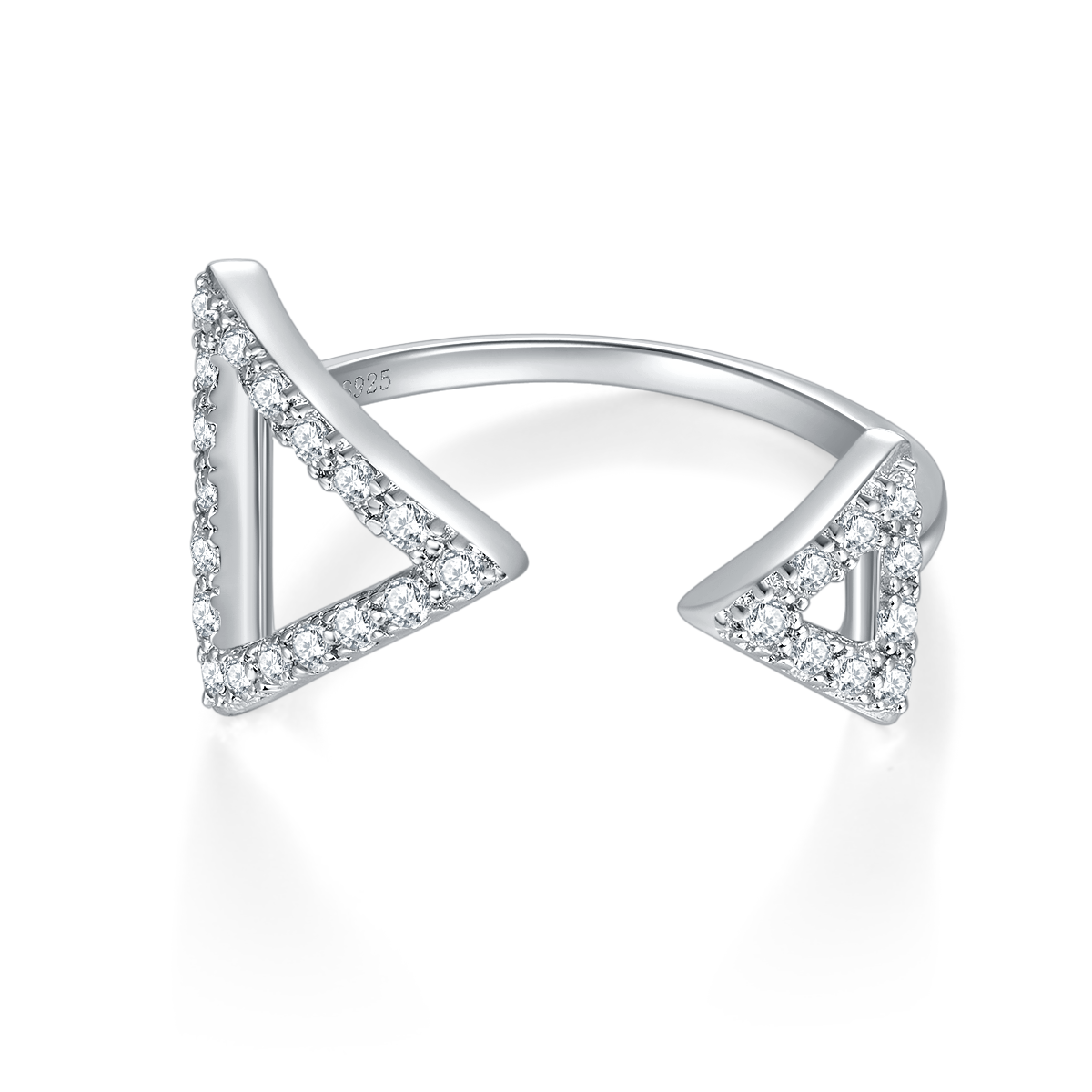 CARISSIE round moissanite pavé engagement ring, crisp front view of silver metal showcasing polished finish and sparkling stones