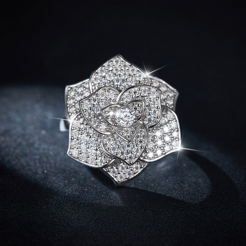 CARISSIE moissanite jewelry ring, lifestyle angle displaying the intricate texture of the overlapping floral layers