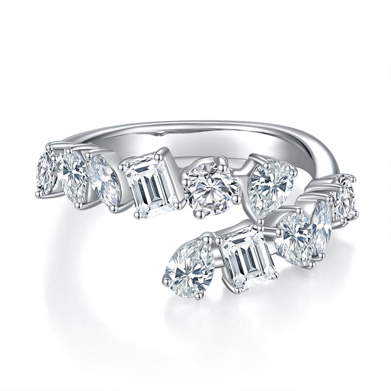 CARISSIE mixed-cut moissanite bypass ring, top-down perspective showing the open-ended design and symmetrical stone layout