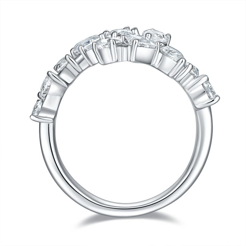 CARISSIE mixed-cut moissanite bypass ring, side profile highlighting the prong settings and smooth polished inner band
