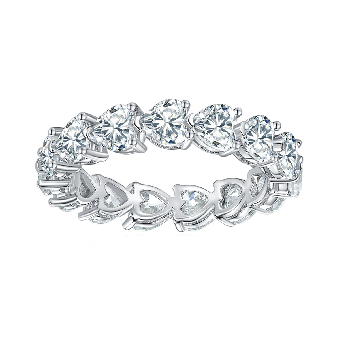 CARISSIE heart moissanite eternity band, angled view showing openwork gallery with heart-shaped cutouts in silver-tone metal
