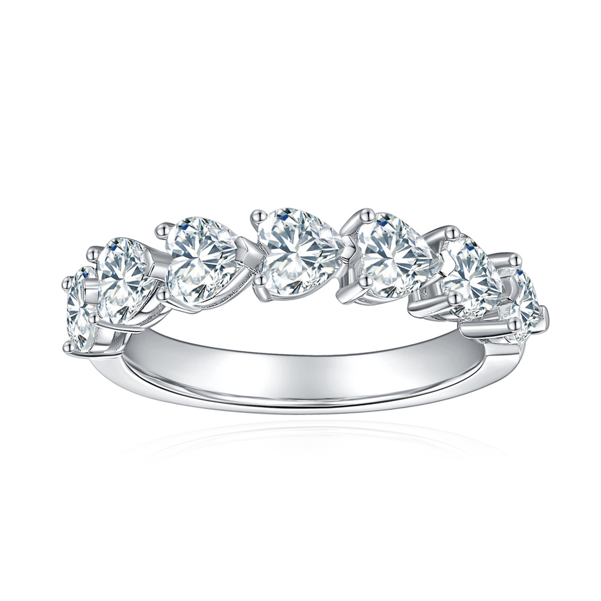 CARISSIE Heart Moissanite Eternity Band, front view displaying heart-shaped stones set in polished silver-tone prongs
