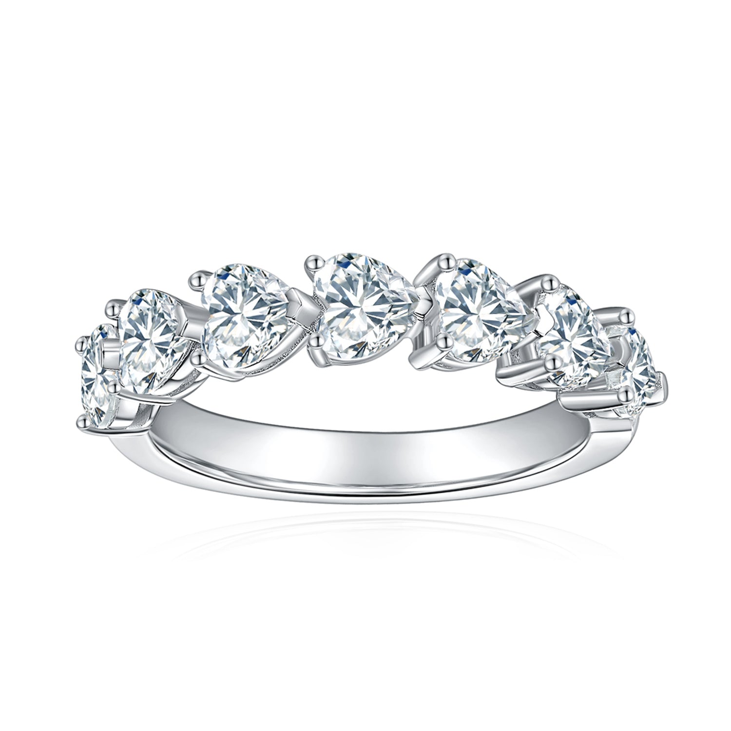 CARISSIE Heart Moissanite Eternity Band, front view displaying heart-shaped stones set in polished silver-tone prongs