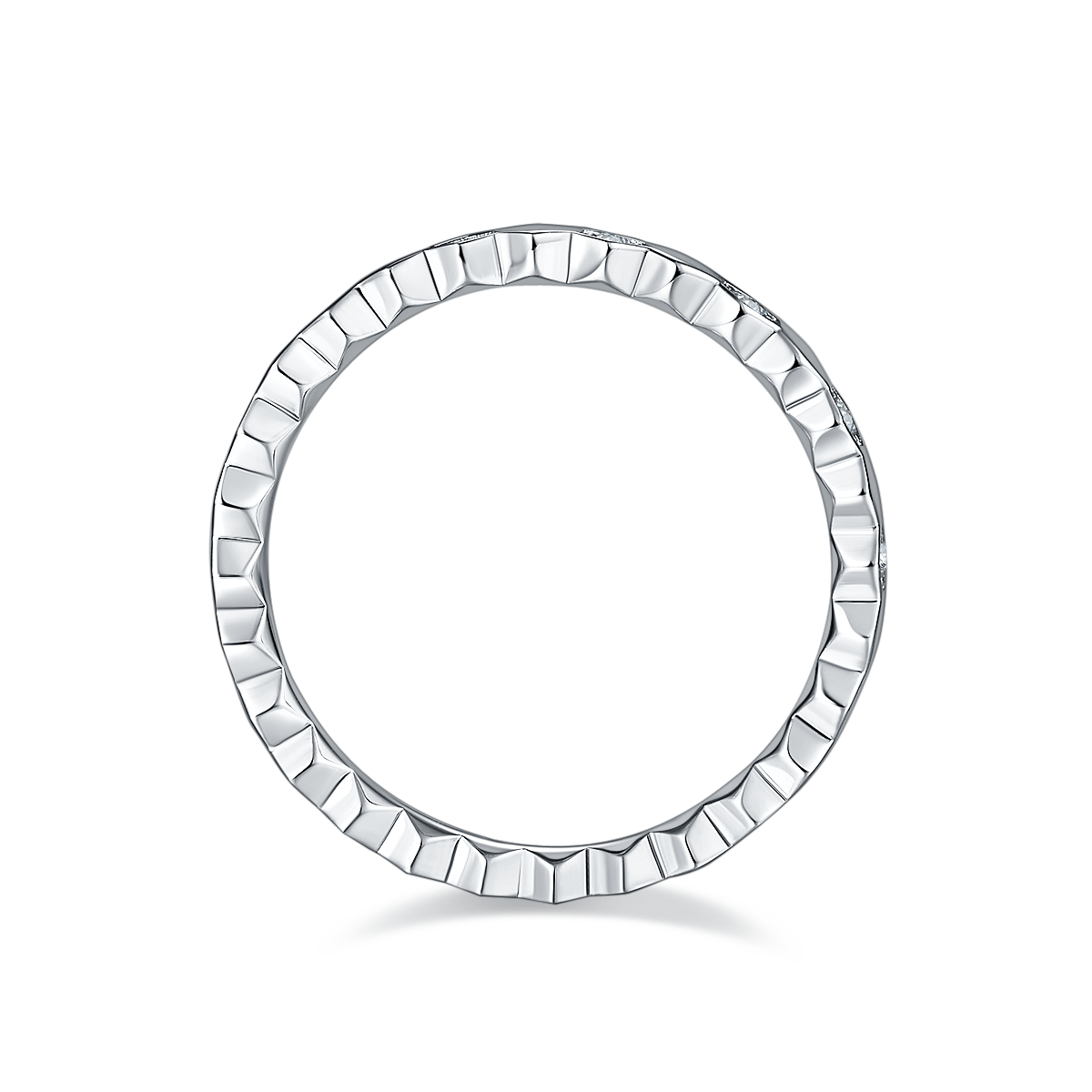 CARISSIE round moissanite eternity band, top-down view revealing the faceted texture of the inner gallery walls
