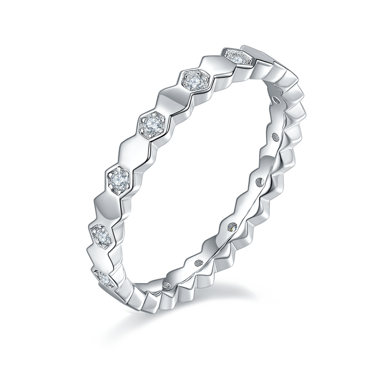 CARISSIE round moissanite eternity band, angled view highlighting the zig-zag profile and hexagonal stone settings