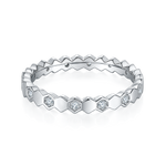 CARISSIE round moissanite eternity band, front view displaying flush-set stones in geometric silver-tone metal