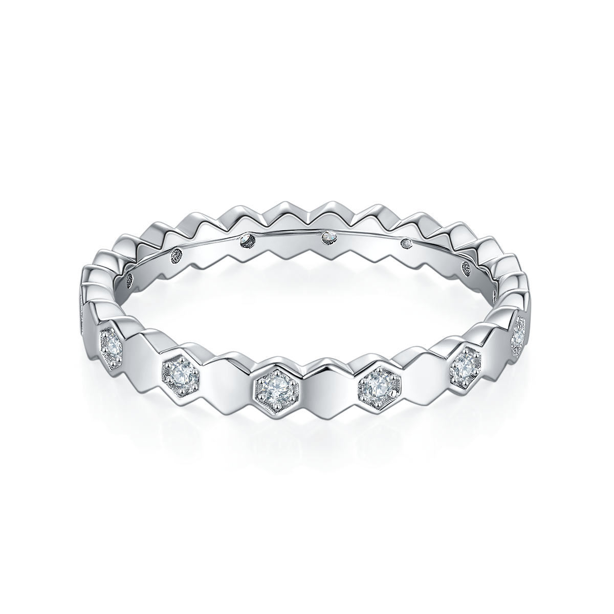 CARISSIE round moissanite eternity band, front view displaying flush-set stones in geometric silver-tone metal
