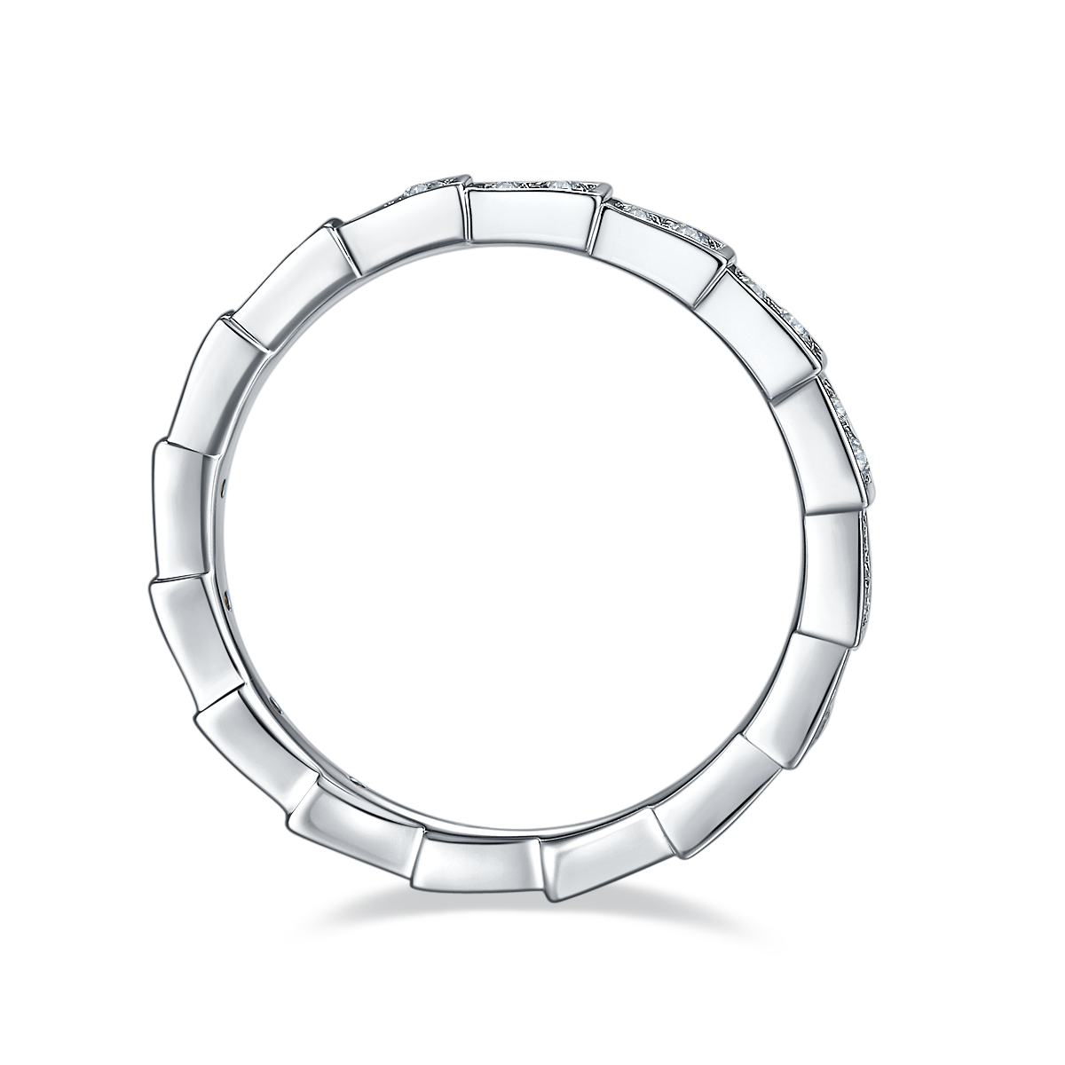 CARISSIE moissanite eternity band, top-down view displaying the continuous geometric link pattern