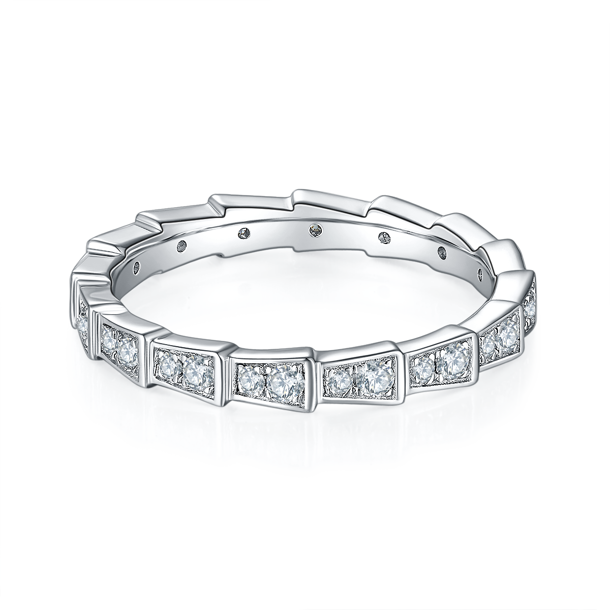 CARISSIE round moissanite eternity band, interior perspective revealing open galleries and stone settings within the geometric segmented structure