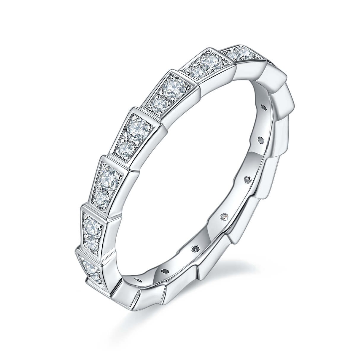 CARISSIE moissanite eternity band, angled view showing segmented links with channel-set white stones