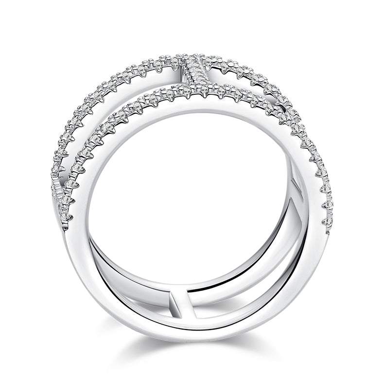 CARISSIE round moissanite pavé statement ring, side profile showing the smooth polished interior shank contrasting the encrusted exterior