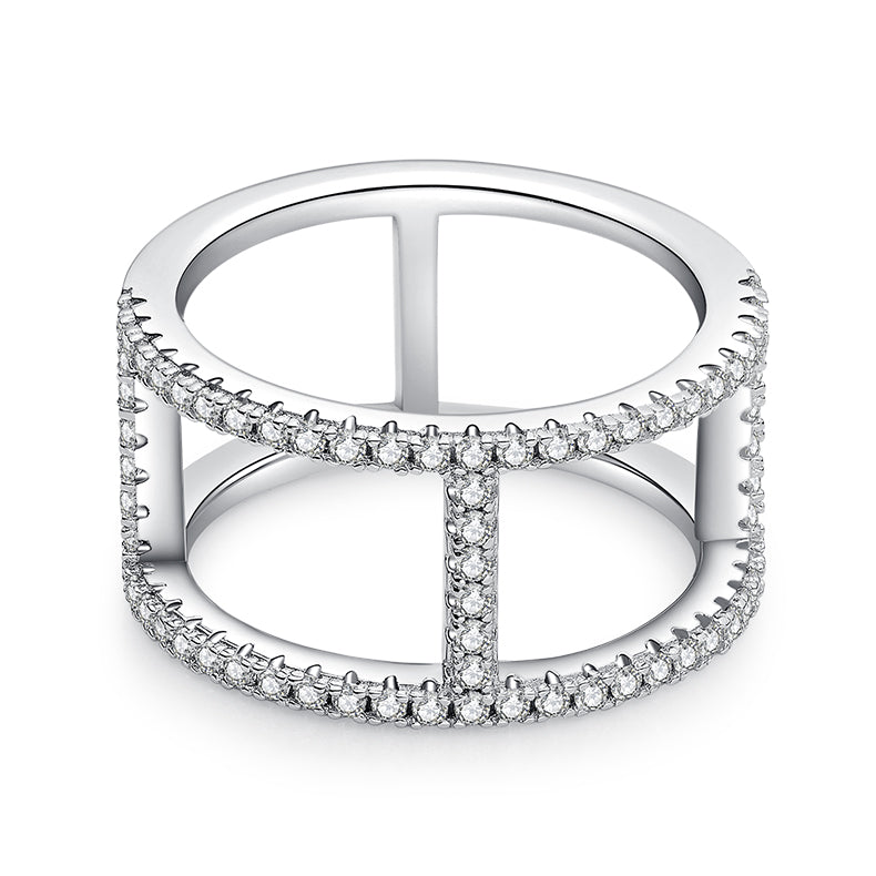 CARISSIE round moissanite pavé statement ring, front view displaying the parallel bands connected by vertical bars with pavé details