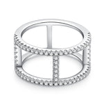 CARISSIE round moissanite pavé statement ring, front view displaying the parallel bands connected by vertical bars with pavé details