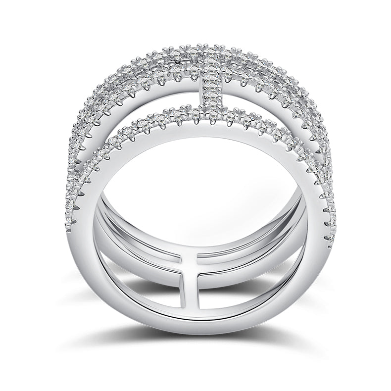 CARISSIE round moissanite pavé statement ring, interior view displaying smooth silver-tone metal shank and prong settings